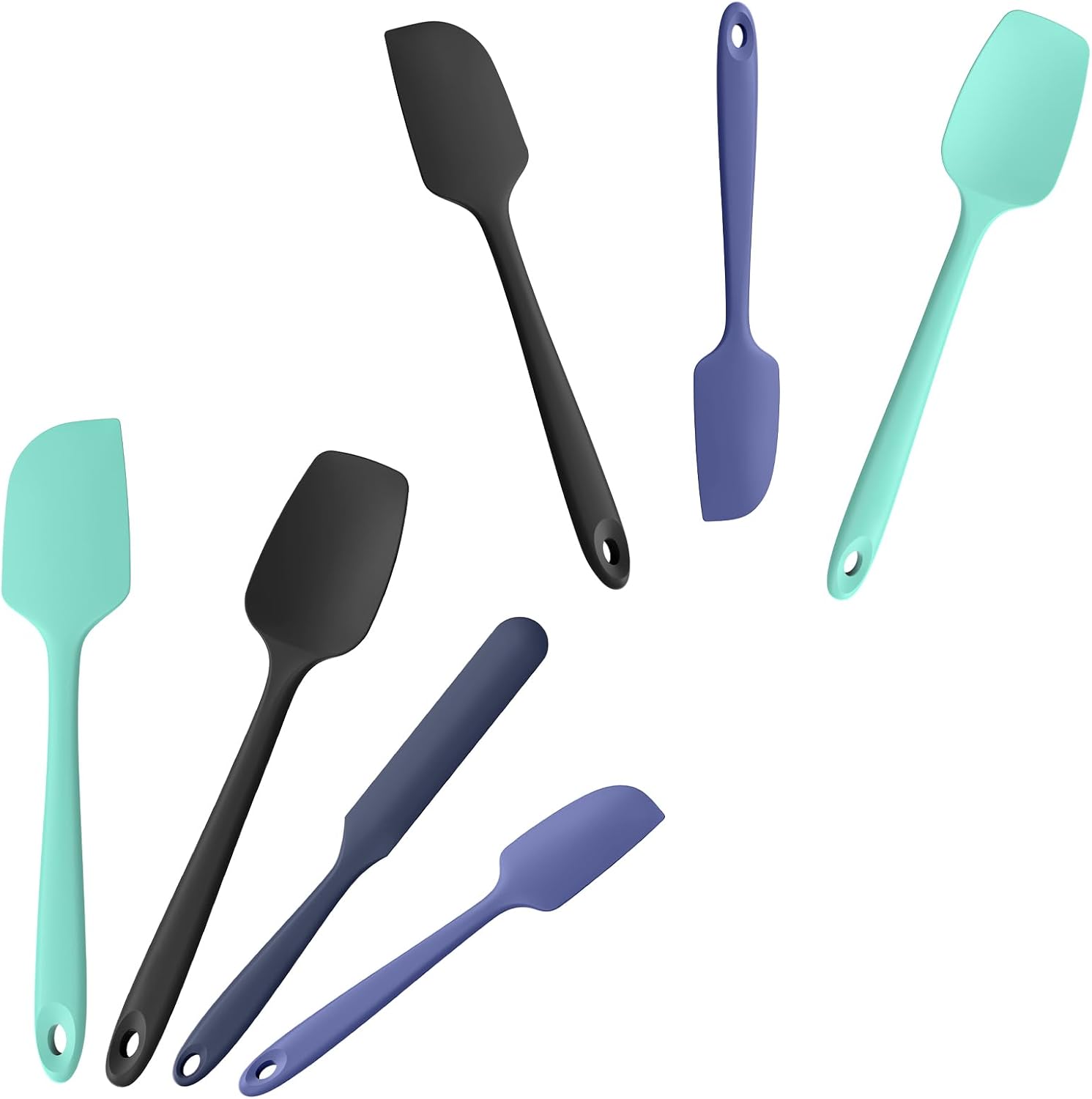Doosu 3-Piece Silicone Spatulas Food Grade Seamless Baking Supplies (Black+Lake Blue+Aqua) & 600°F Heat Resistant Spatula Set of 4 for Kitchen Cooking Baking Stirring (Aqua+Black+Navy Blue+Lake Blue)
