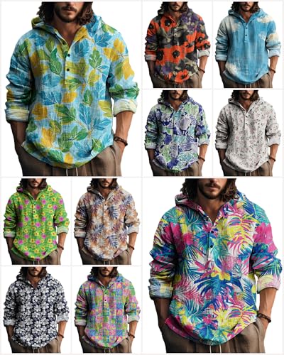 MARSVOVO Hawaiian Mens Hoodie 3 Button Long Sleeve Hooded Shirts Loose Casual Stylish Beach Henley Shirt for Spring Fall4