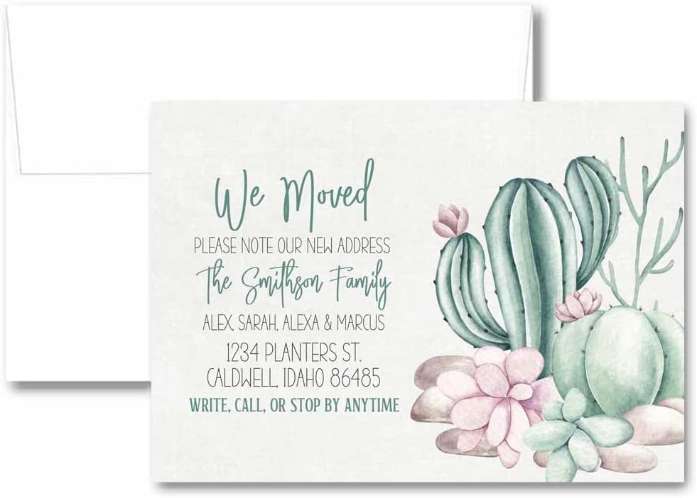 Cactus Desert Moving Announcement, Pretty Plants Family Moving Cards, Personalized Watercolor We've Moved Stationery, Southwest Change of Address Cards with Envelopes, Arizona New Home Note Cards
