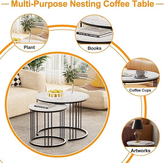 Image of Modern Nesting Table Set of 2 - Round Coffee Table with Engineered Wood Top & Metal Frame, Side Tables for Living Room, Bedroom & Lounge (Black & White)