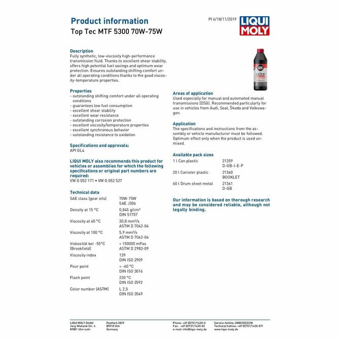 WOL-Fluido para transmisión automática LiquiMoly MTF 5300, manual, semiautomático, DSG, 70 W, 75 W, 21359 (2)