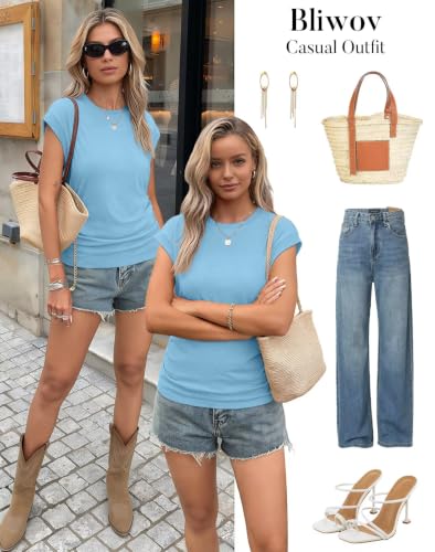Image of Bliwov Womens Summer Tops Cap Sleeve Crew Neck Casual T Shirts