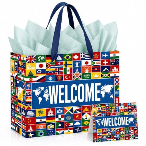 International Flags Gift Bag with Tissue Paper and Card, World Map (1 PCS)