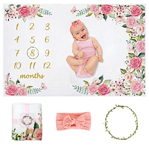 Image of Yokakio Baby Monthly Milestone Blanket Girl, Milestone Blanket for Baby Girl, Track Growth and Age, Newborn Shower Gifts for Mom, Includes Floral Wreath & Pink Bow Headband, 60" X 40"