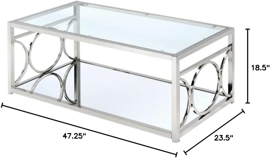 BOWERY HILL Glass Coffee Table, Chrome Finish, 47.25" W x 23.5" D x 18.5" H, Modern Sleek Design, Durable Glass Construction, Elegant Living Room Table for Home Decor