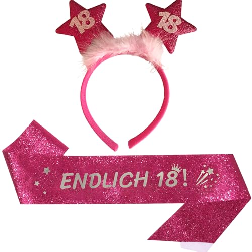 jenich 2er Set 18. Geburtstag Haarreif und Birthday Queen Schärpe Rosarot Birthday Schärpe Stirnband mit Sternen 18 Geburtstagshaarreif für mädchen, 18. Geburtstag Geschenke Partyzubehör