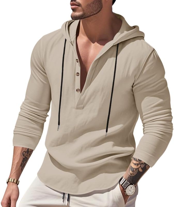 LIZALIG Men's Cotton-Linen Sweatshirt 1/2 Button Hooded Solid Color Casual Sweatshirts for Vacation and Daily Wear - Image 2