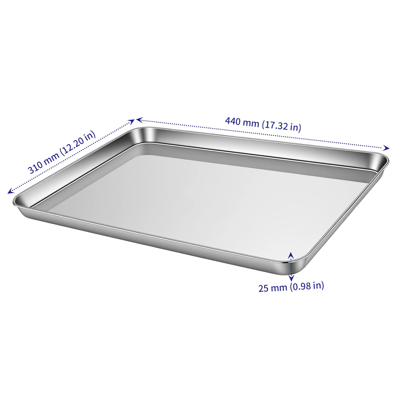 SOUJAP Paquete de 4 bandejas rectangulares de acero inoxidable, 44 x 31 x 2,5 cm, bandeja de horno de metal para cocinar, color plateado