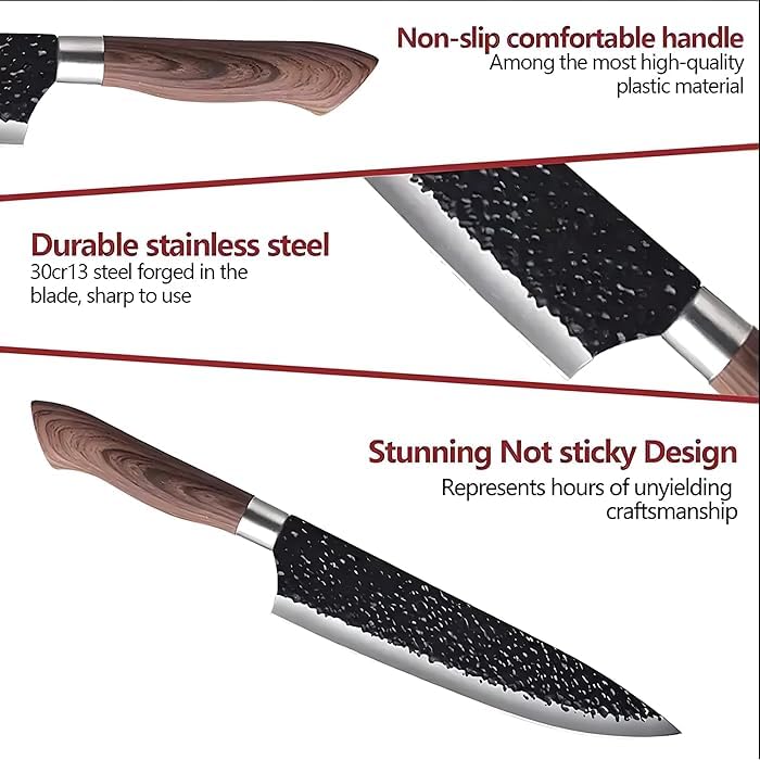 Image of Marco Almond 6 Pieces Professional Kitchen Knives Set,High Carbon Steel Forged Kitchen Knife Set,BBQ Meat Knives for Cooking,Sharp Chef Knife Set for Chef Cooking Paring Cutting Slicing(WOODAN)