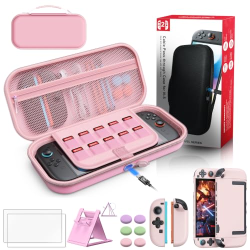 Image of Auarte [Charge Inside Switch 2 Carrying Case for Nintendo Switch 2 | Slim Travel Carry Cases for Switch 2 Accessories with Protective Cover Case (Pink, for Switch 2, Case Protector 5 in 1 Set)