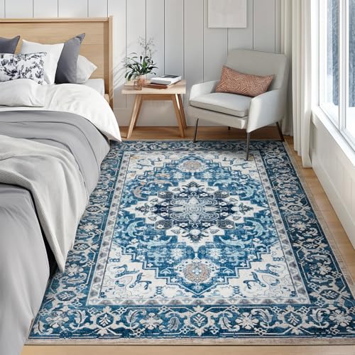 Lofus 5x7 Area Rugs for Living Room, Washable Area Rug, Rugs for Bedroom, Kitchen, Vintage Boho Carpet, Soft Non-Slip, Low Pile Large Area Rug for Office Dining Room, Floral Light Blue