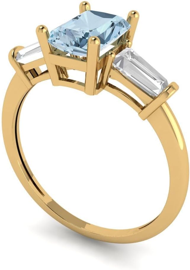 Clara Pucci 14K Solid Gold Engagement Ring for Women | 1.5 cttw Blue Diamond Emerald Cut Three-Stone | Real Yellow Gold Wedding Ring