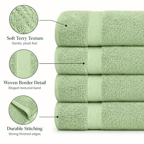 Image of Sulfar 100% Combed Cotton, Quick Drying Highly Absorbent, Luxury Hand Towel Set (Pack of 4, 40 X 70 cm) Nature Green