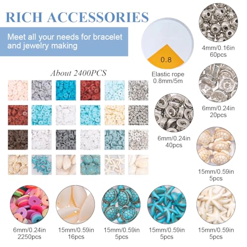 Image of SANNIDHI Clay Beads for Bracelet Making, 2400Pcs Ocean Style Jewelry Making Polymer Beads Set for Kids Women Bracelet Anklet DIY, with Turtle Shells Starfish Charms