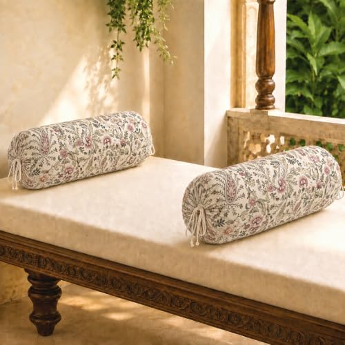 Image of Clasiko Cotton Bolster Covers Set of 2, Petal Beige, Standard Size (32x16 Inch)