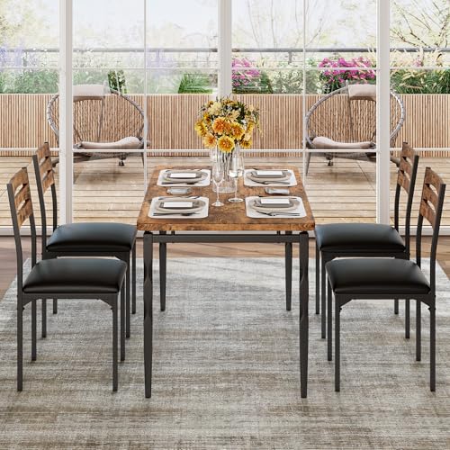 Image of Garvee 5 Piecs Dining Table Set, Farmhouse Style Dining Table and Chairs Set for 4, Dining Set for Dining Room Kitchen Apartment, Brown