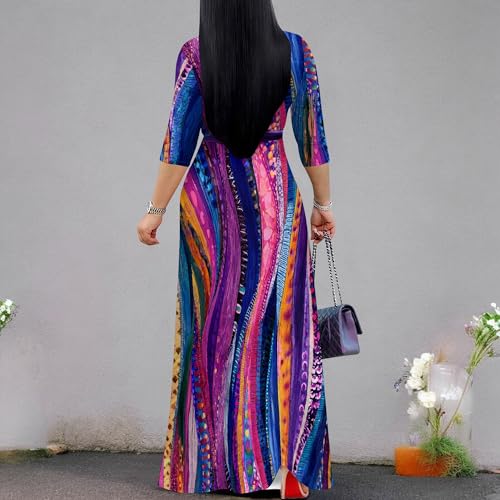 Image of Women's V Neck Floral Maxi Dress 3 /4 Sleeve Plus Size Boho Wrap Flowy Long Dresses with Belt