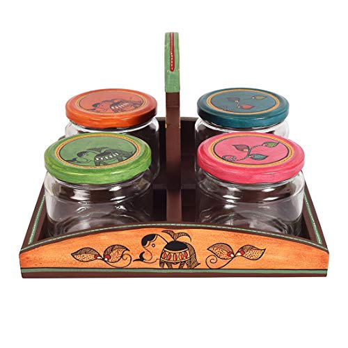 Image of AAKRITI ART CREATIONS Snacks & Cookies Glass Jars Set of 4 | Handcrafted Madhubani Art Storage Set | Natural Brown Matte Finish | Kitchen Jars with Wooden Tray | Dining Table & Kitchen Organizer