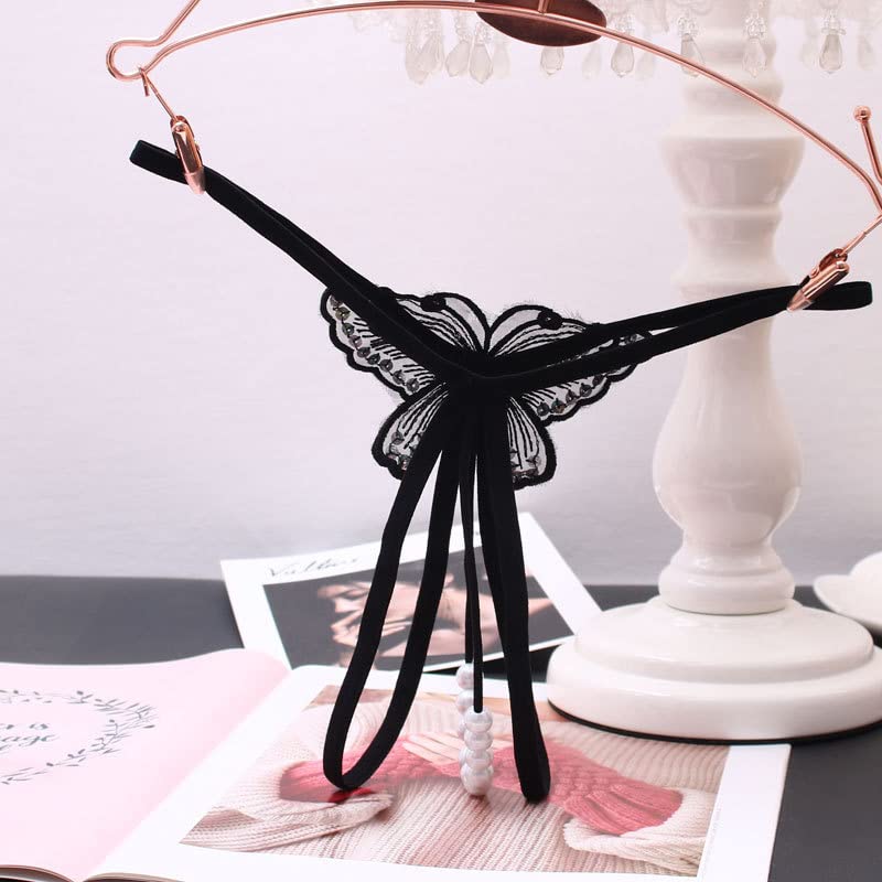 Sekexi Fashion Women Sexy Underwear Cutout Pendant Pearl Beads Embellished Lace Butterfly G-String Thong Underpants: One Size Black
