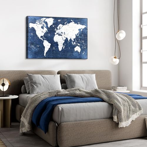 Image of Vintage World Map Wall Art Men Office Wall Decor, Extra Large World Maps Picture Canvas Prints for Living Room Bedroom Home Decor Map of the Worlds Painting Poster Retro Map Artwork Decorations 32x48 inch