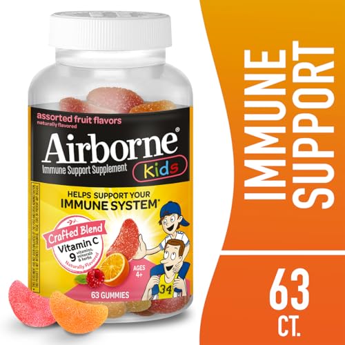 Image of Airborne 500mg Vitamin C + Zinc Immune Support Supplement Gummies for Kids, Assorted Fruit Flavor, Gluten Free Crafted Blend with Powerful Antioxidants Vitamins C & E, 63 Gummies (4 Pack)