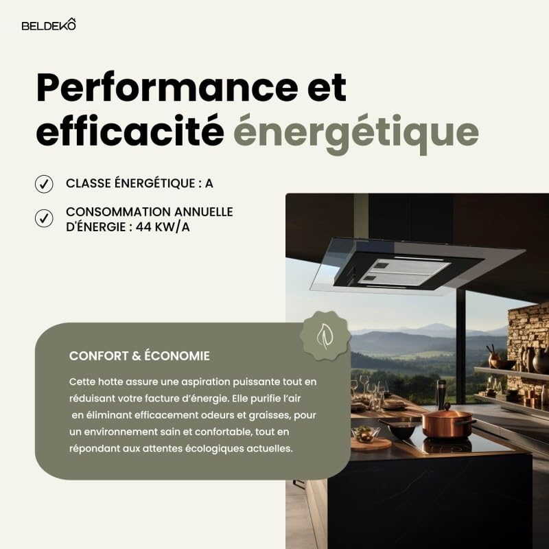 BELDEKO - Hotte îlot aspirante 90 cm NOIR - Minuteur - Débit 556 m³-h - 3 vitesses - LUDIA 90 BK