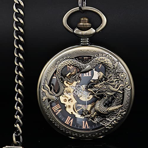 Image of Men's Mechanical Hollow Dragon Design Hand Wind Pocket Watch Roman Numerals Steampunk with Chain Box