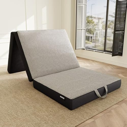Image of ROXGOX Memory Foam Trifold Mattress, Single Portable Floor Bed 4 Inch, Foldable Mat with Washable Cover, Handle & Non-Slip Bottom, for RV, Travel, Camping, Yoga, 75 inchx25 inchx4 inch, Grey