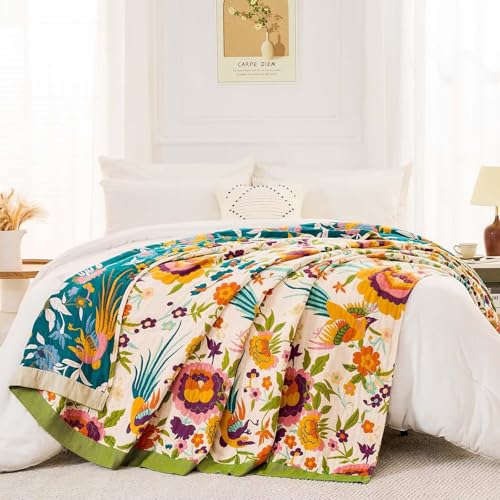 Image of XIBLC Boho Throw Blanket for Bed, 100% Cotton Soft Rustic Quilt Fall Blanket, 50 inchx60 inch Colorful Floral Printed Farmhouse Decor Bed Blankets, All Season Rustic Reversible Bohemian Throw Quilt