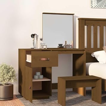 Honey Brown Solid Pine Wood Dressing Table 95x50x134 cm with Drawer and Compartments, Wooden Makeup Vanity with Mirror