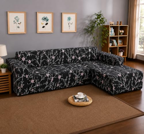 Image of Gifts Island Premium 160GSM Super Soft Black Stem Stretchable Sofa Cover L Shape 5 Seater Fully Covered | Suitable for Both Left and Right Side Chaise Sofa (Black Stem, 3+2 Seater)
