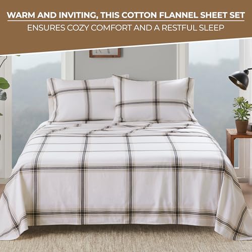 Image of Woolrich Cotton Sheet Set Cottage Charms Print, 100% Cotton Flannel Sheets Warm & Fuzzy Bedding Set Queen Size Sheets, Fitted Pocket Fits Up to 14 inch Mattress, Queen Tan Plaid 4 Piece