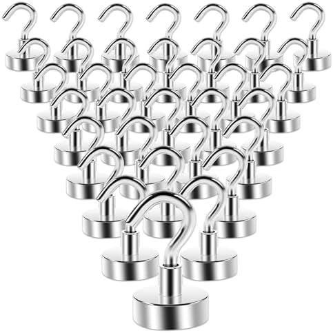 Anelueeoo 35 Stück Magnethaken Extra Stark 16mm Neodym Magnete mit Haken Magnetische für Küchen Camping Grill Büro Outdoor und Kreuzfahrt Zubehör Silber