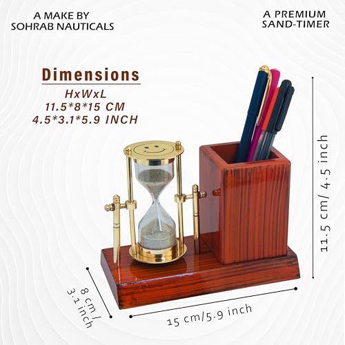 Image of Pen Holder | 2 Minute Brass Sand Timer | Natural Sand Color | Smiley Design | Hourglass with Pen Holder | Wooden Base | 11x8x15cm | Pen Stand Hourglass for Gifts (Pack of 1).