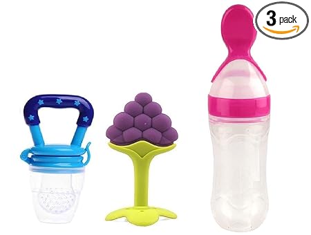 WAHHSON Combo of Baby Silicone Food Nibbler for Fruit Food Feeder & Fruit Teether, Pacifier Nibbler for 6 to 12 Months Baby (Pack of 3, Type 15)