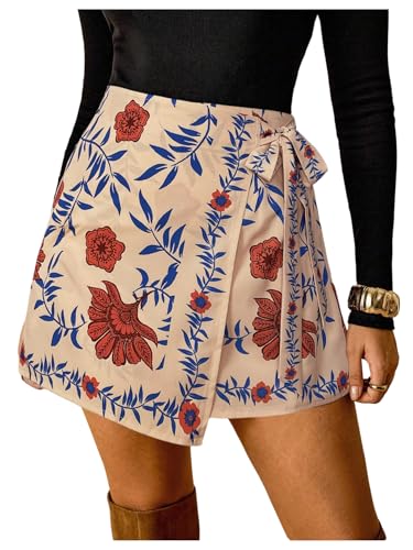 Image of RoseSeek Women's Boho Floral Print Wrap Mini Skirt Tie Side Summer Vacation Beach Skirts