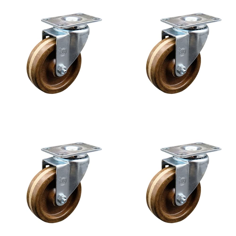 High Temperature Phenolic Swivel Top Plate Caster Set of 4 with Roller Bearings - 4 Inch Brown Wheels - Includes 4 Swivel - 1200 lbs. Total Capacity - Service Caster Brand