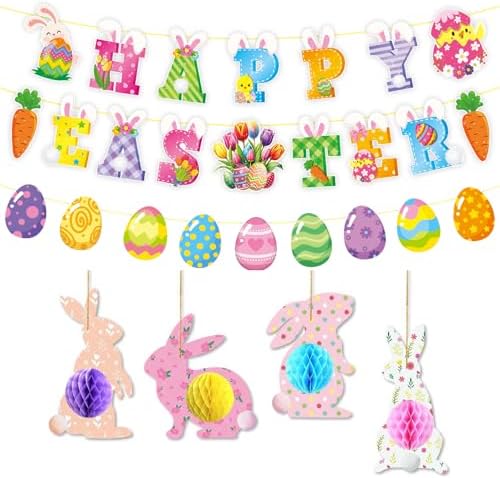 6 pcs Easter Decorations Happy Easter Banner 3D Easter Honeycomb Banner ...