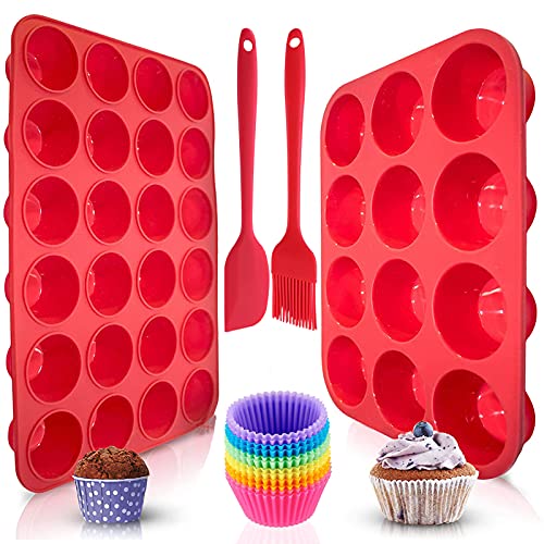Finger Ten Muffin Pans Nonstick 12 Large And 24 Mini Cups Silicone With Cupcake Liners Brush Spatula Set Reusable Easy Clean Baking Molds Regular Size Molds For Toaster Oven (Red-12 Cups+24 Cups) #TOP13