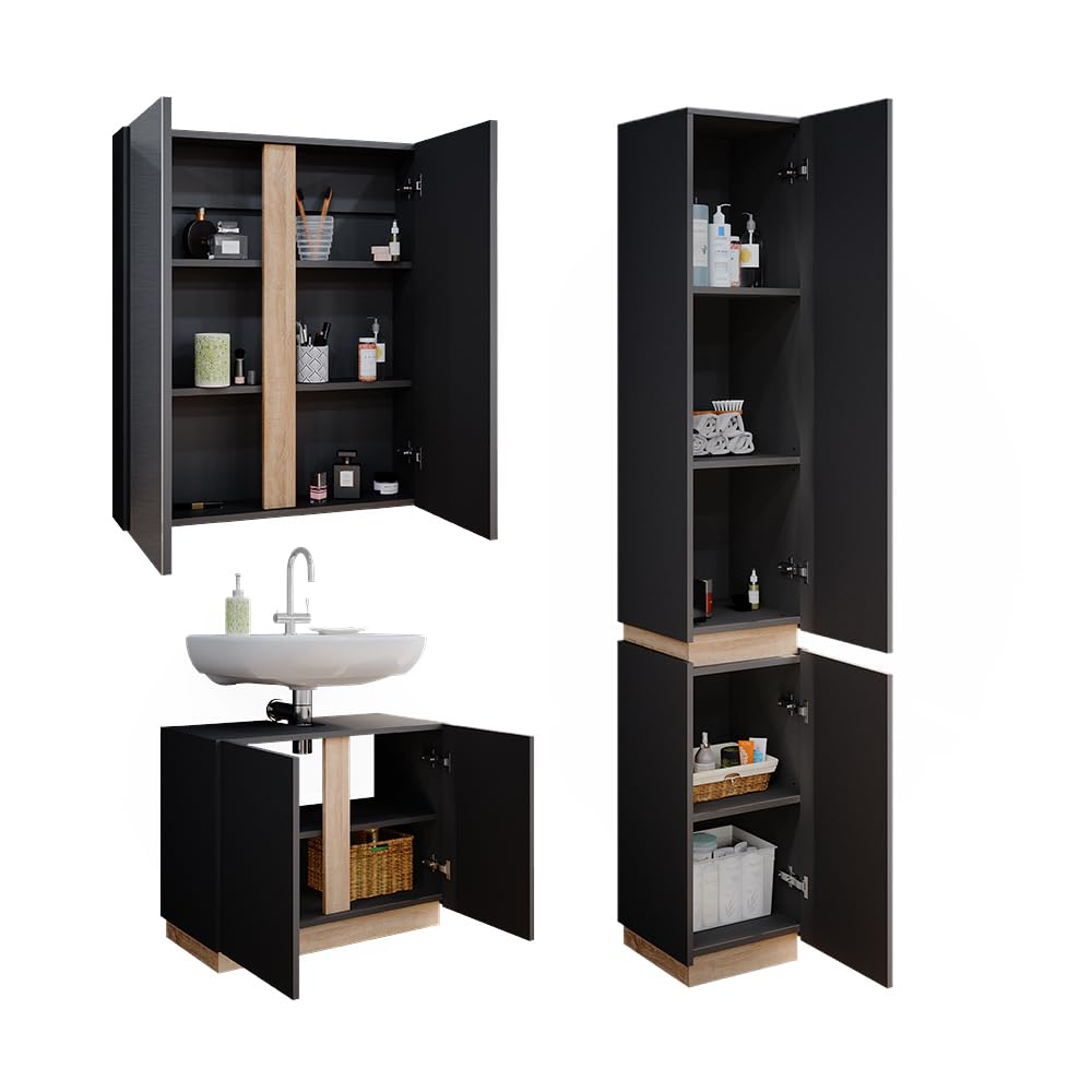 Vicco Badmöbel-Set Gloria, Anthrazit, 70 cm, besteht aus Waschbeckenunterschrank, Spiegelschrank und Hochschrank