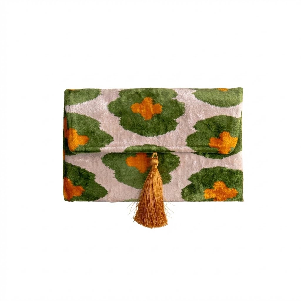 Pochette Ikat in velluto di seta fatta a mano, stile busta, design bohémien, motivo etnico, opzione cinturino a catena, pochette per feste serali, borsa premium, bianco sporco, verde, oro