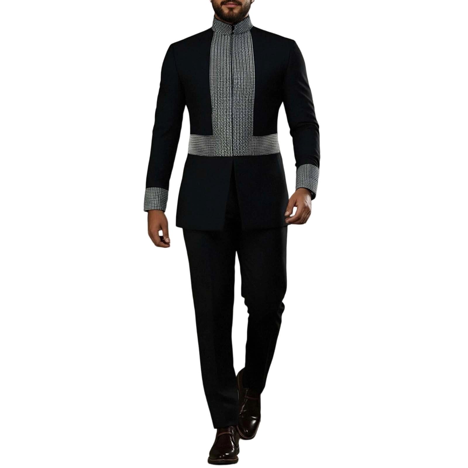 DASONLUE Long Sleeve Shirt and Trousers Outfit 2-Piece Set Traditional Dashiki for Men Slim Fit African Suit Wedding Evening Wear Ethnic Style Leisure Suit, black, S โ image 1