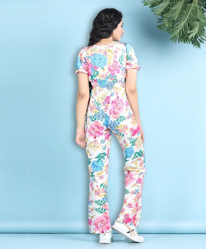 Image of Girls Stylish Floral Print Embellished Jumpsuit | Lightweight & Comfortable Fabric | Jumpsuit for Kids | Ideal for Casual & Outings