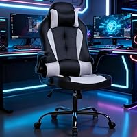 Gaming Office Desk Chair - Ergonomic High Back Computer Chair With Lumbar Support, Flip-up Arms, Headrest, PU Leather, Height Adjustable Swivel Task Executive for Women Men Adult, White