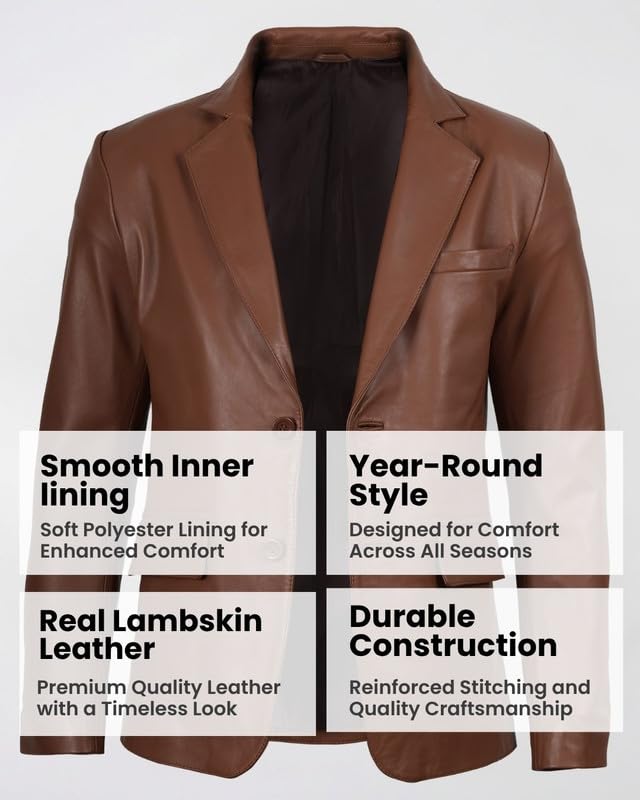 Image of Blingsoul Mens Leather Blazer Jacket - Real Lambskin Sport Coat with Notch Lapel Collar