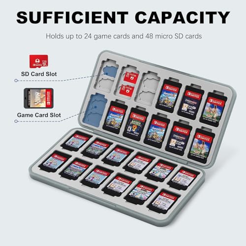 Image of FYY Nintendo Switch Game Case Holder for Switch 2 Cartridge Case with 24 Game Card Slots & 48 Micro SD Card Slots, Hard Shell, Silicone Lining Grey