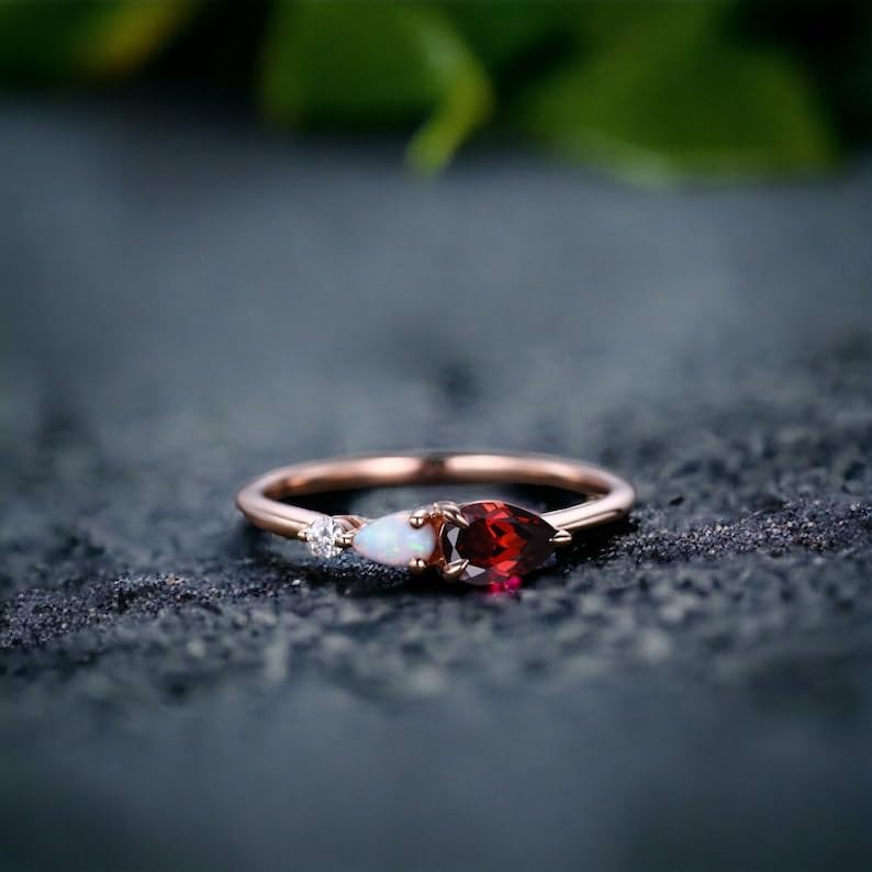 Handmade Vintage Red Garnet & Opal Gemstone Engagement Ring Pear Cut Gems Moissanite Wedding Band Three Stone Unique Women's Bridal Promise Jewelry2