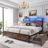 IDEALHOUSE Full Bed Frame with Storage Headboard, Metal Platform Bed Frame with 4 Storage Drawers, Built in Charging Station & LED, Noise-Free/Metal Support/No Box Spring Needed, Vintage Brown