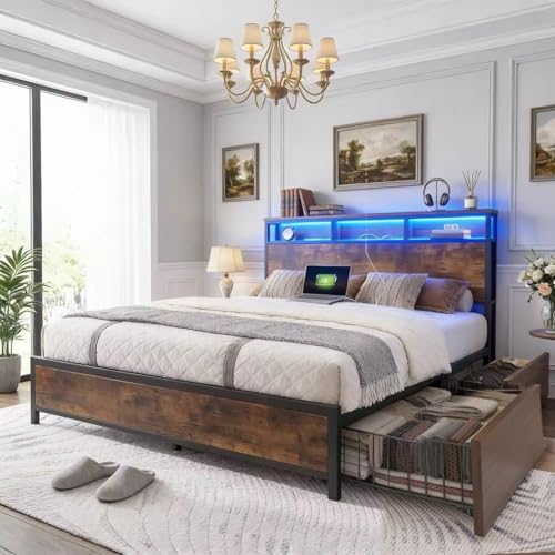 IDEALHOUSE Full Bed Frame with Storage Headboard, Metal Platform Bed