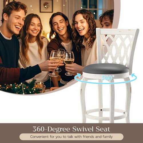Butacos giratorios de barra MU de 24 pulgadas, juego de 4, estilo rústico, con asiento tapizado en cuero sintético y reposapiés de madera, para isla de cocina y pub, color blanco miniatura 5